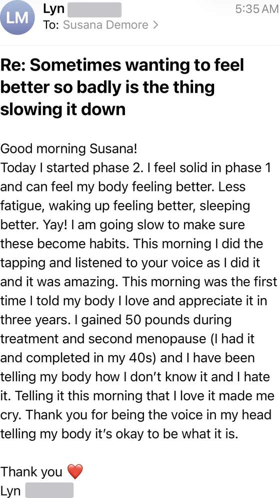 Email from Lyn beginning Phase 2: less fatigue, waking up feeling better, sleeping better