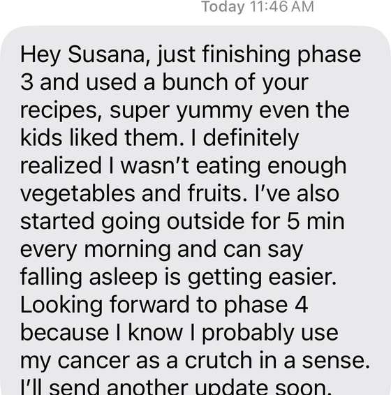 Text from Katy finishing Phase 3: using the recipes, morning sunlight, falling asleep is getting easier