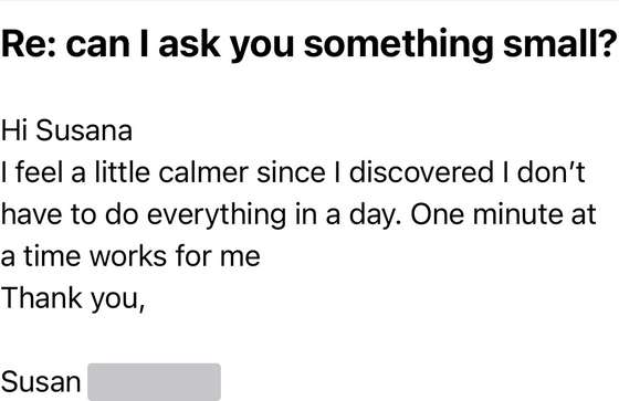 Email from Susan: feeling calmer since discovering she does not have to do everything in a day